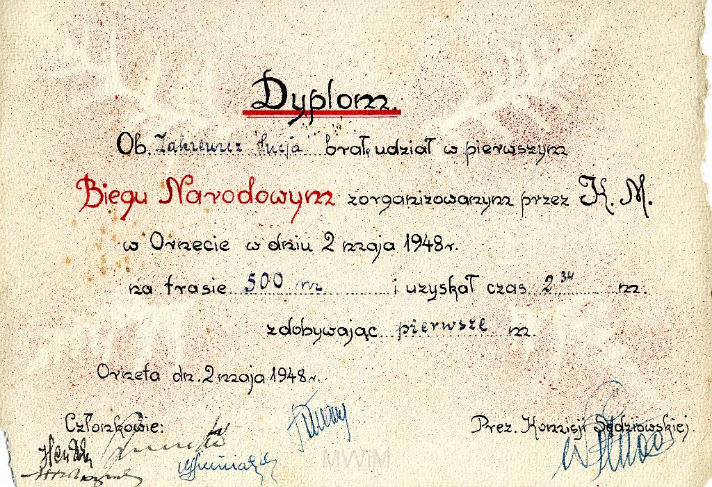 KKE 2151.jpg - Dok8. Dyplom za udział w I Biegu Narodowym (dystans 500 m.) dla Łucji Żakiewicz, Orenta, 2 V 1948 r.